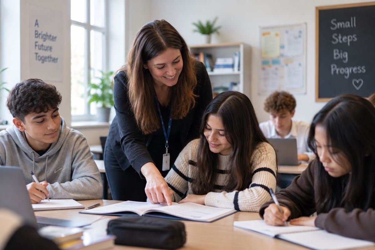 A tutor helping a small group of secondary school students with their work