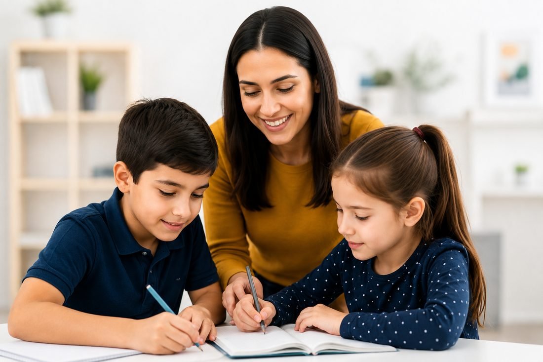 An Alperton Academy tutor teaching two students at the Alperton centre